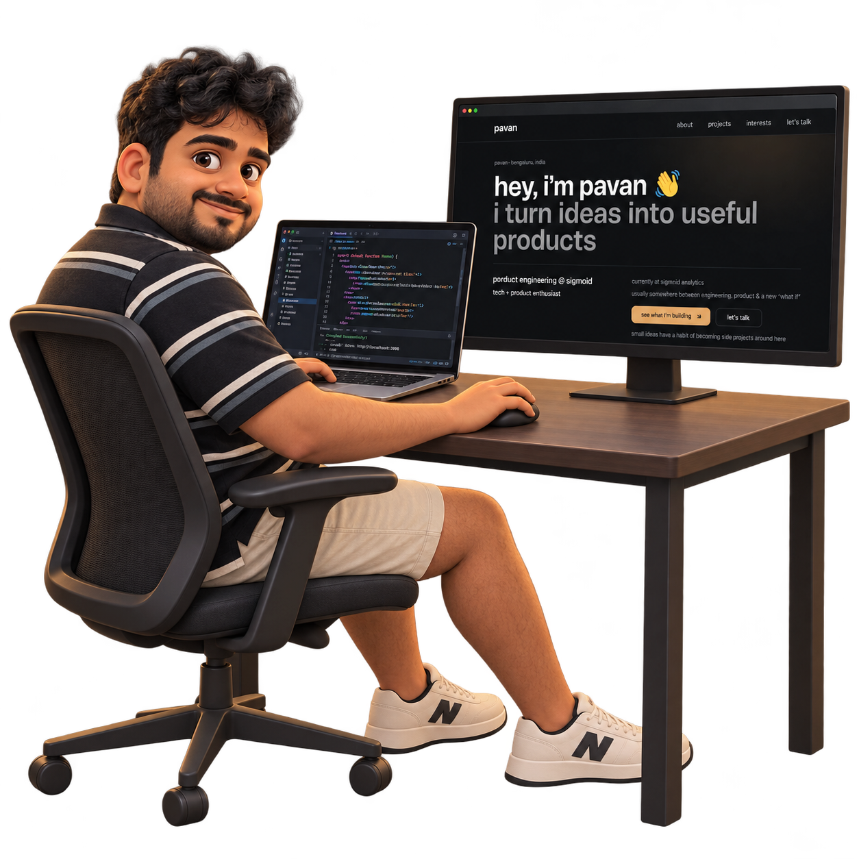 illustrated pavan at his desk, coding on a laptop with his website on the monitor